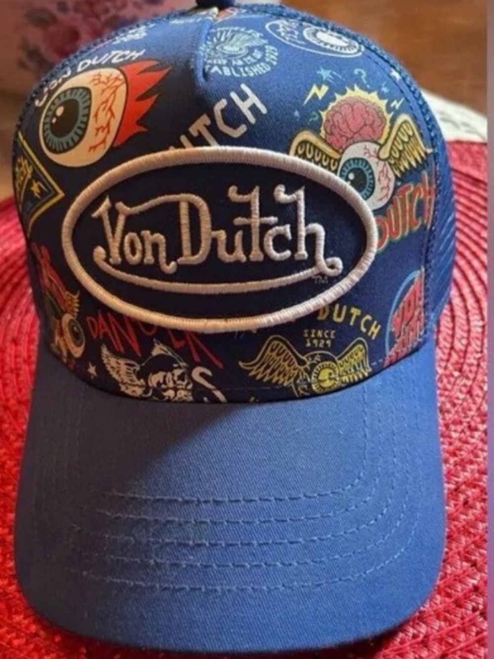 Von Dutch Blue Trucker Cap with Colorful Graphic Patchwork